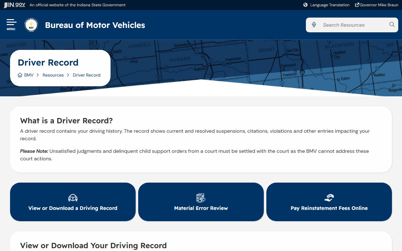 Fulton County traffic court records compared with Indiana BMV driver record page