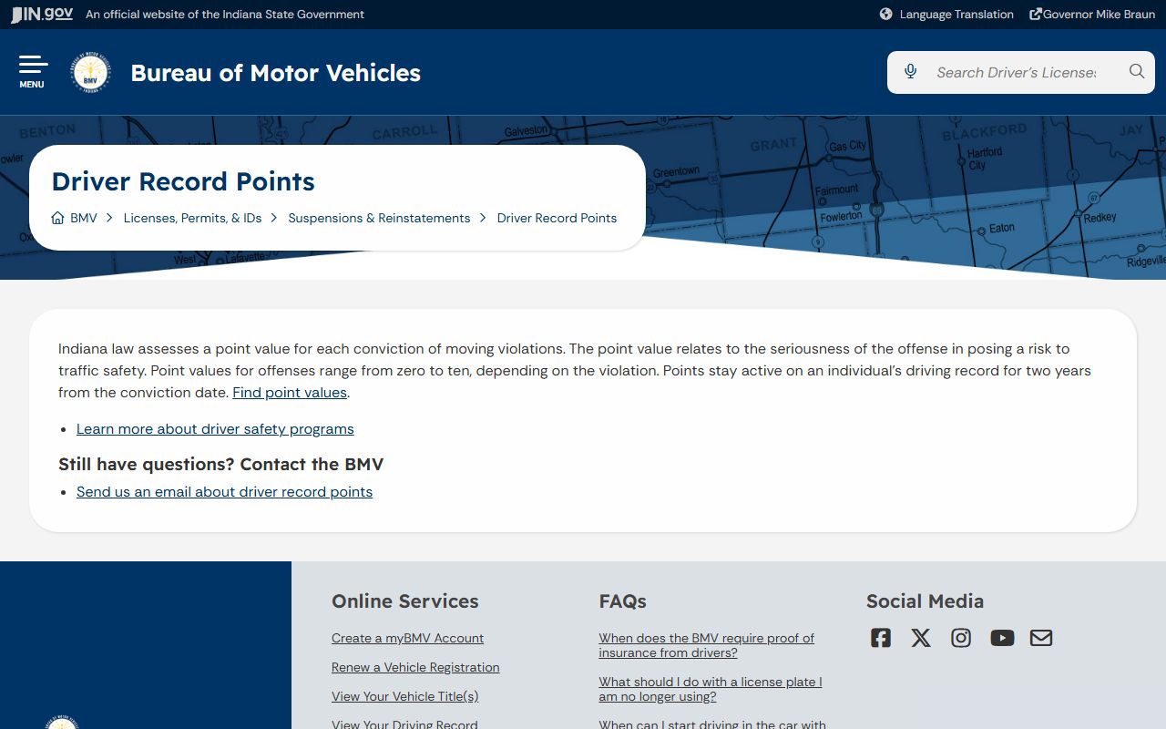 Fulton County traffic court records Indiana BMV points page